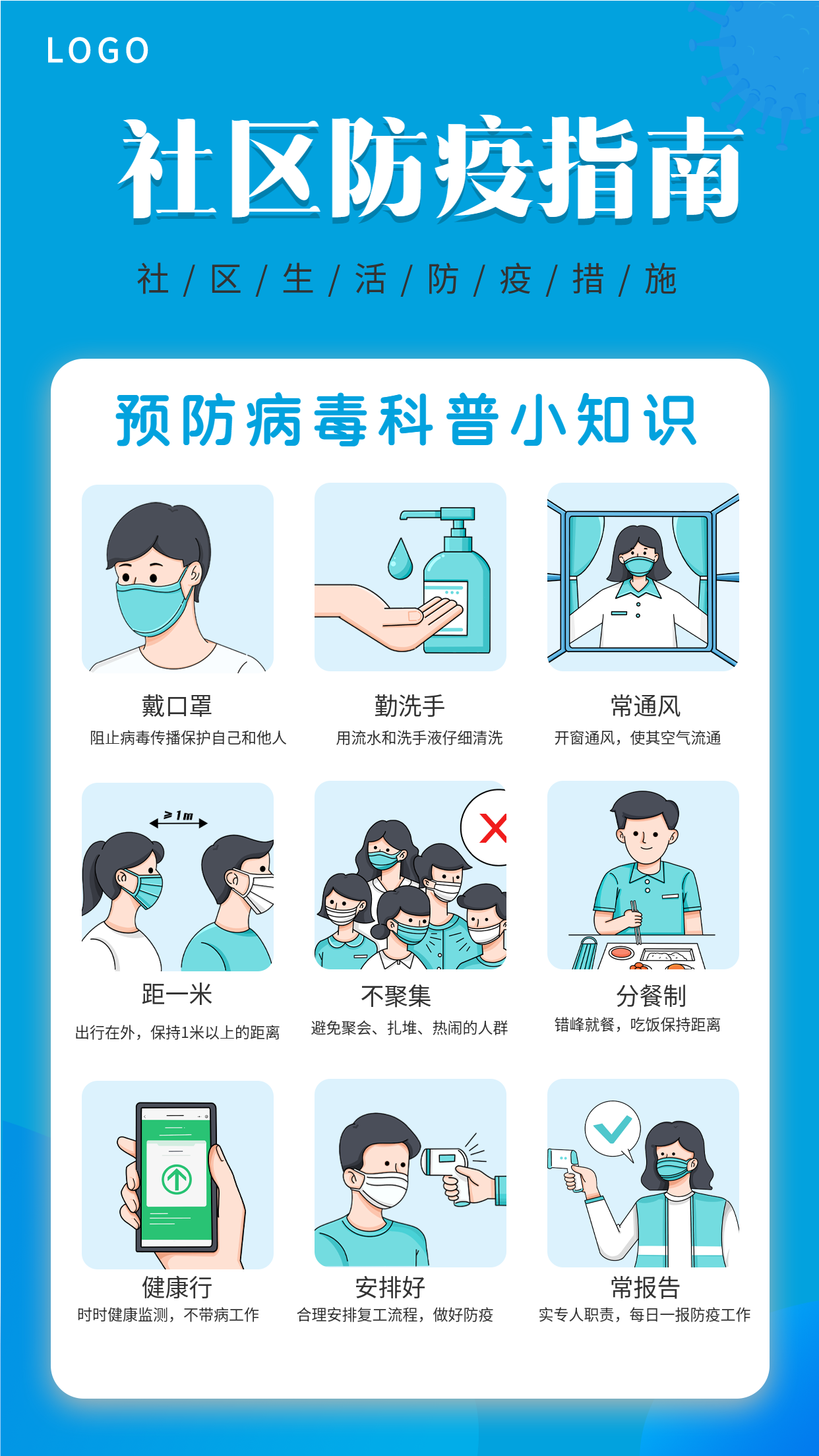 蓝色背景社区防疫指南预防病毒科普小知识九宫格宣传海报
