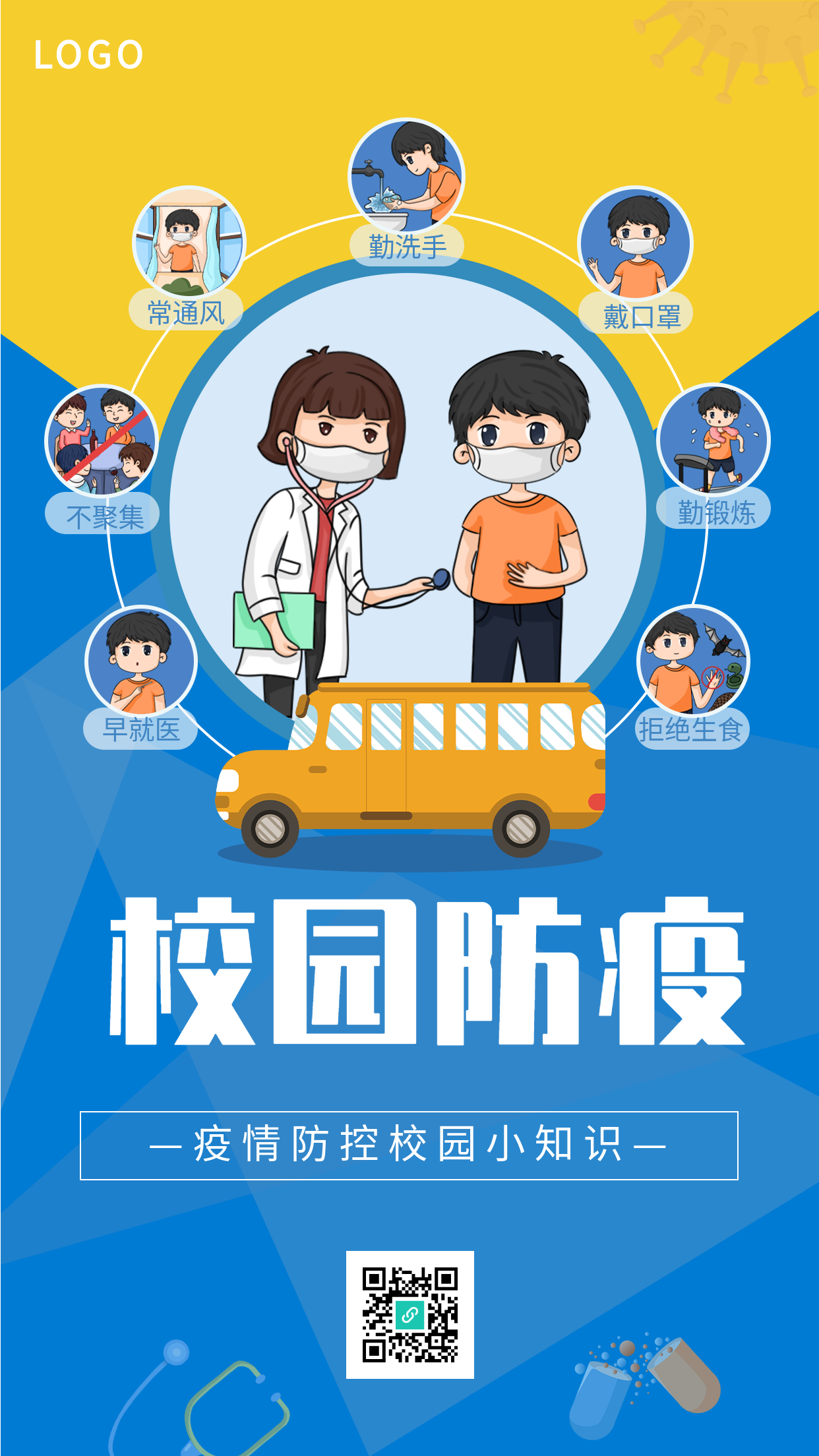 蓝黄背景卡通人物校园防疫疫情防控校园小知识海报