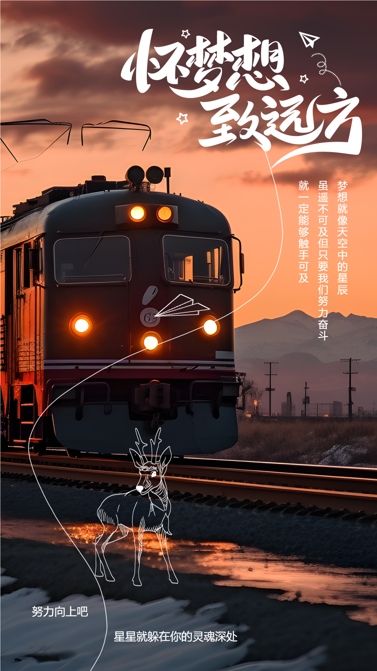 夕阳下的火车头怀梦想致远方唯美手机海报