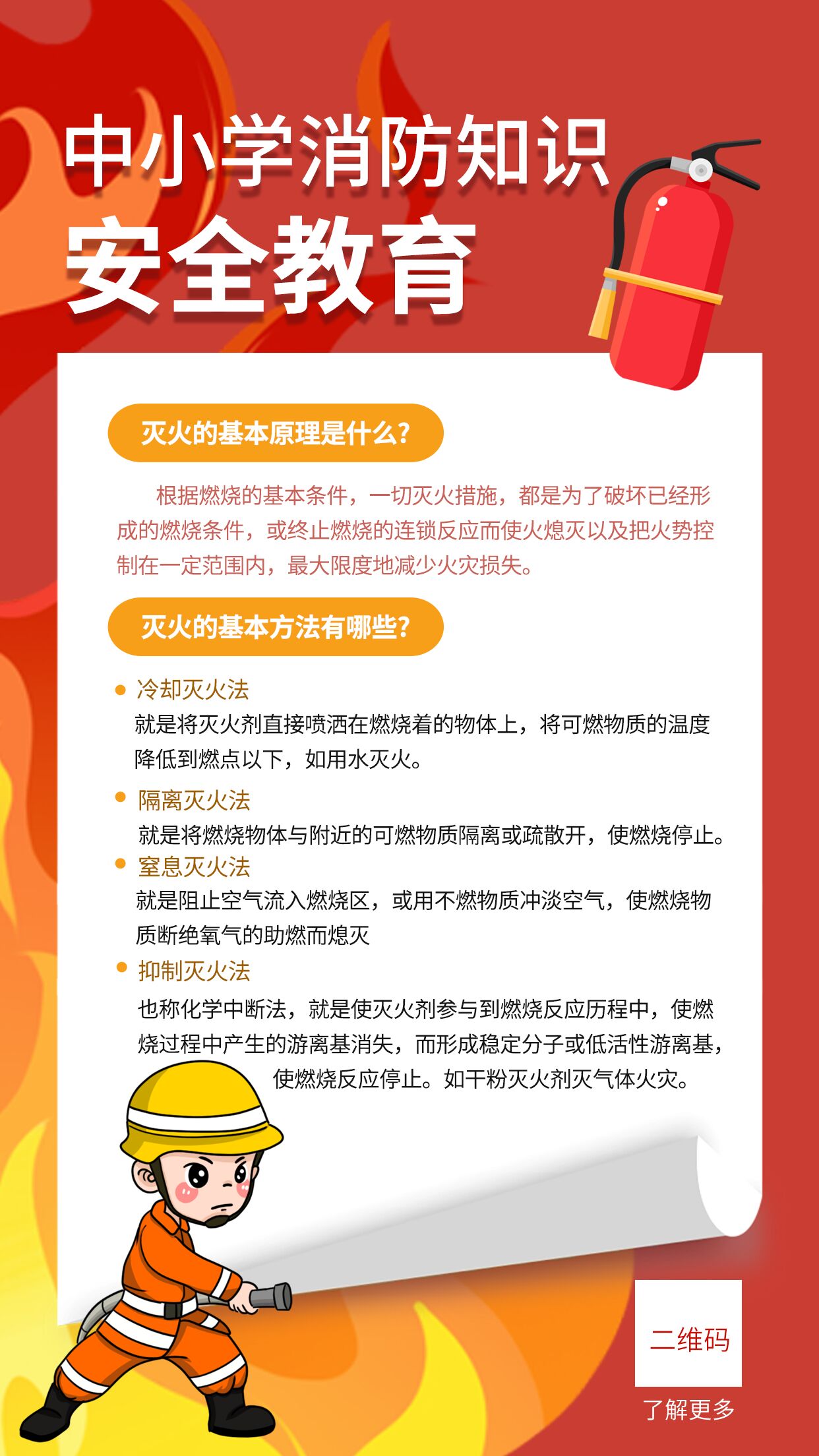 卡通手绘红色中小学消防知识科普防护安全教育海报